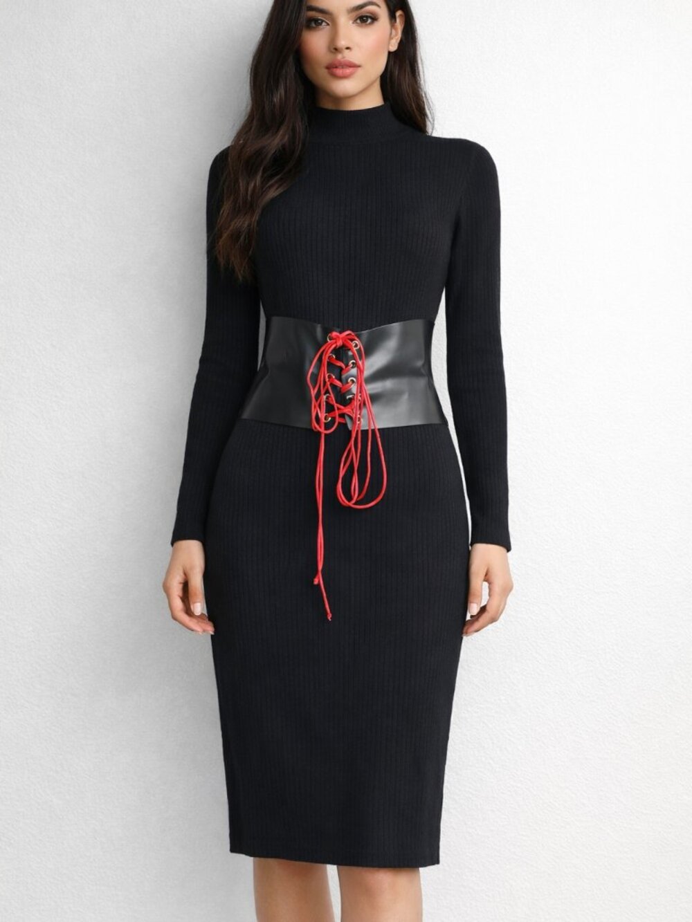 Say What? Black Ribbed Midi Dress Red Lace-Up Corset Waist Y2K Goth 1X